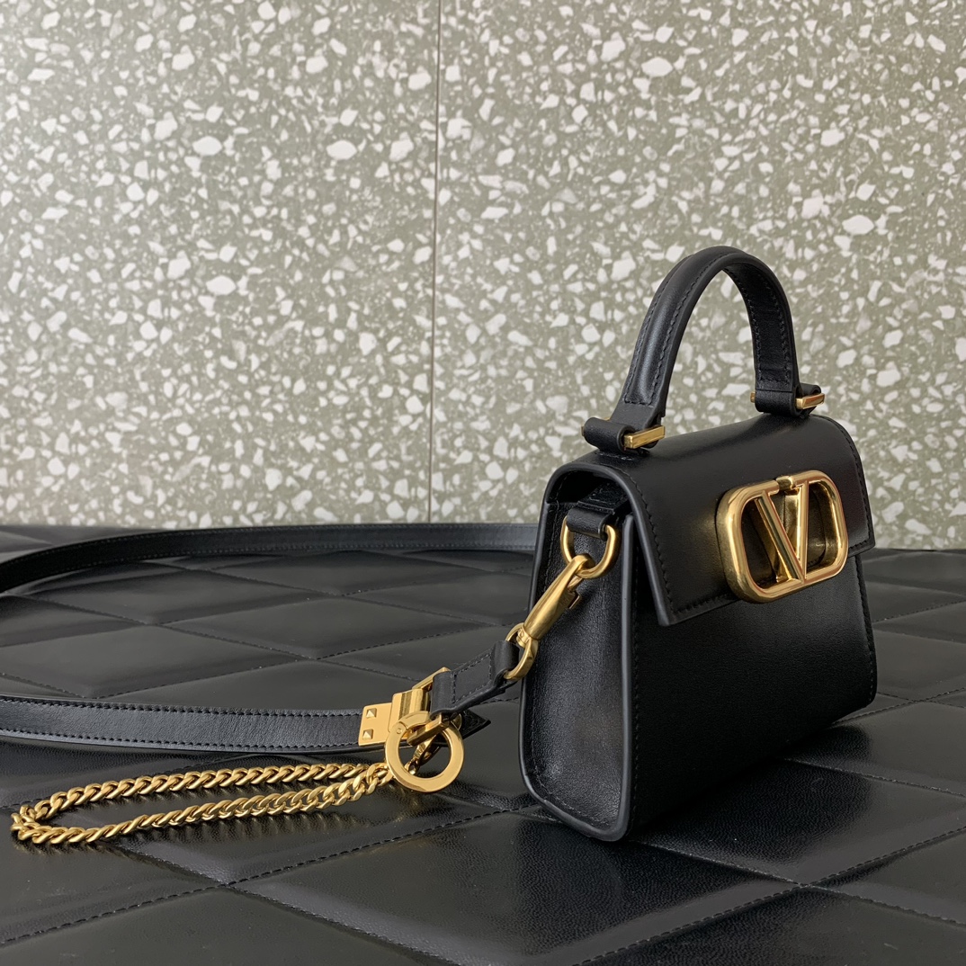 Valentino Garavani Vsling Micro Handbag in Black Grainy Calfskin Leather 